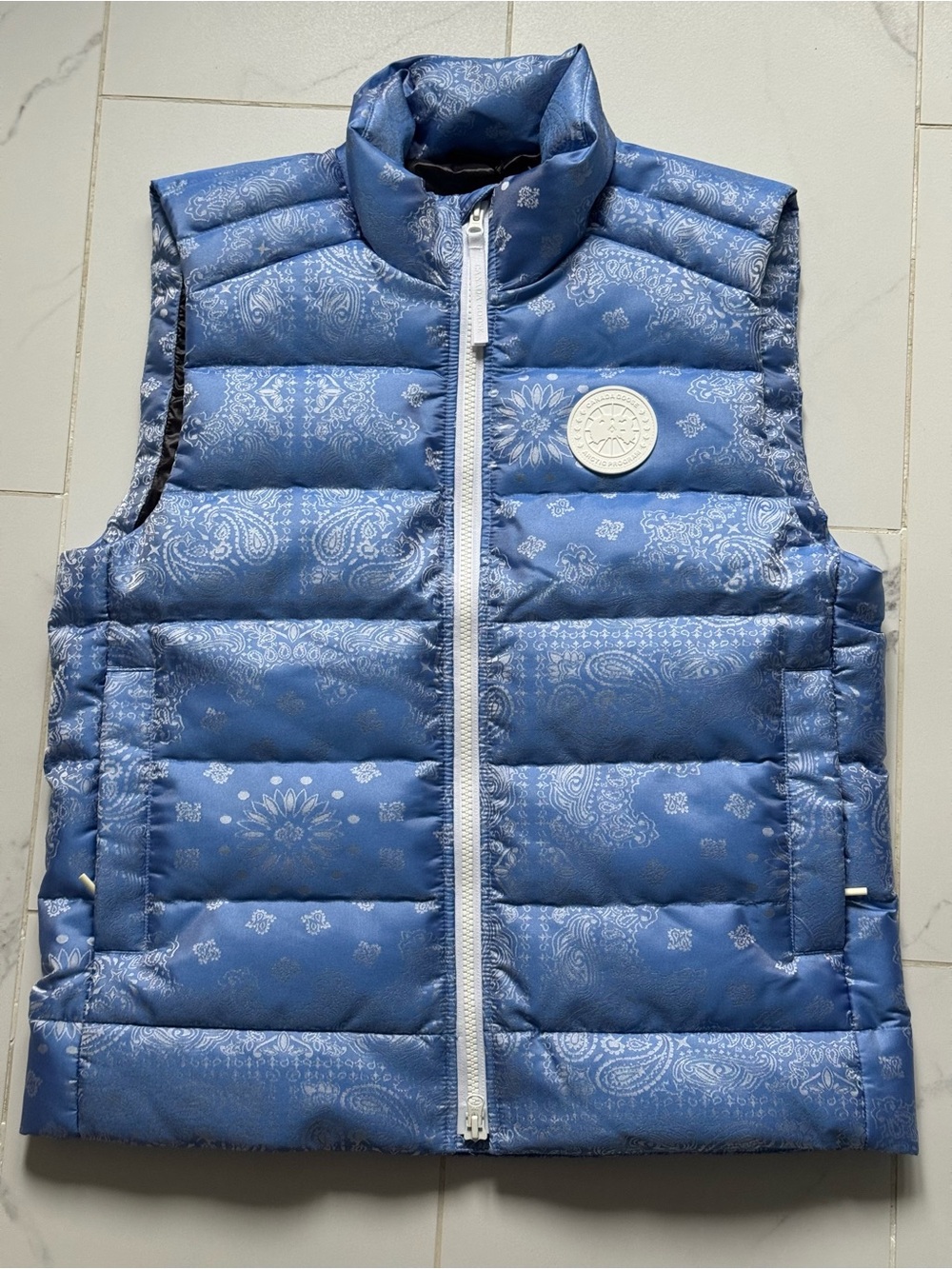 Canada Goose Blue Quilted Paisley Puffer Vest with White Zip
